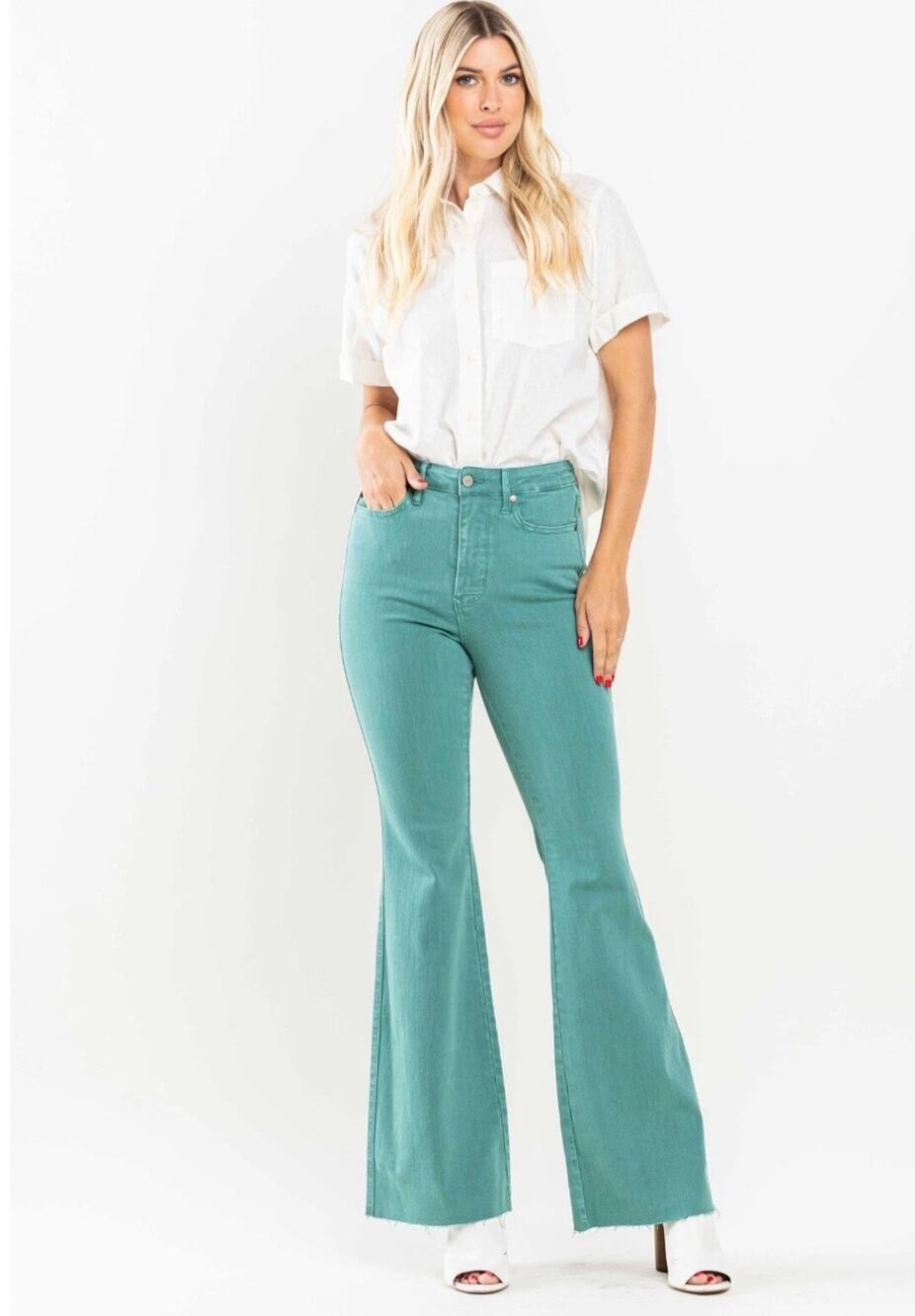 Judy Blue Flare Jeans Sz 9/29 Topaz Dyed Teal Retro Y2K High Waist Tummy Control